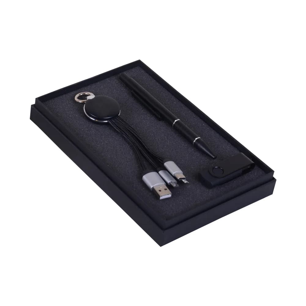 Kurumsal promosyon seti, siyah; çok başlı USB kablo, USB bellek ve kalem, süngerli karton kutuda