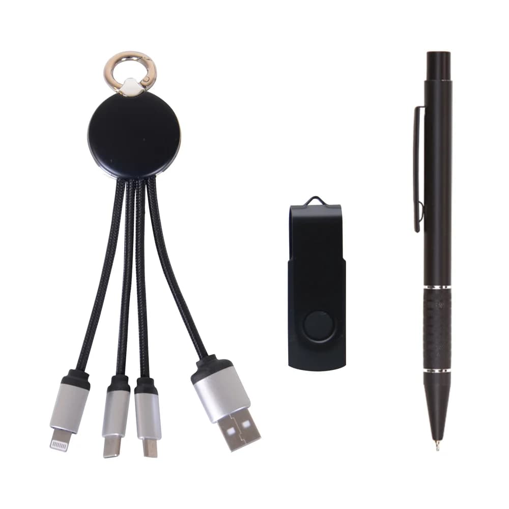 Kurumsal promosyon seti, siyah; çok başlı USB kablo, USB bellek ve tükenmez kalem, kutusuz