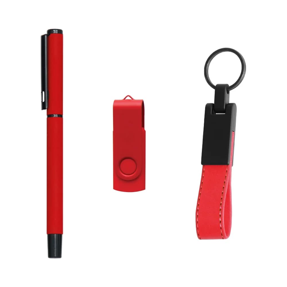 Kurumsal promosyon seti, kırmızı; tükenmez kalem, USB bellek ve suni deri anahtarlık