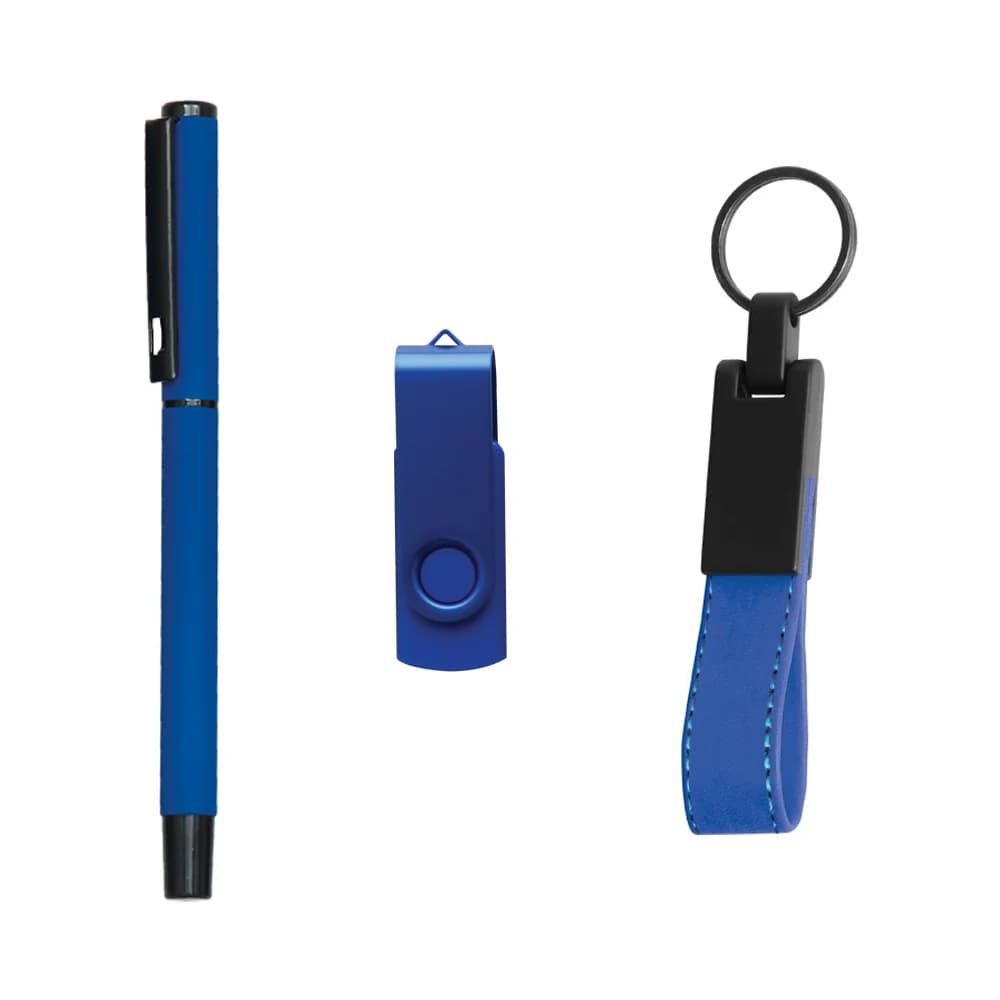 Kurumsal promosyon seti, mavi; tükenmez kalem, USB bellek ve suni deri anahtarlık, kutusuz