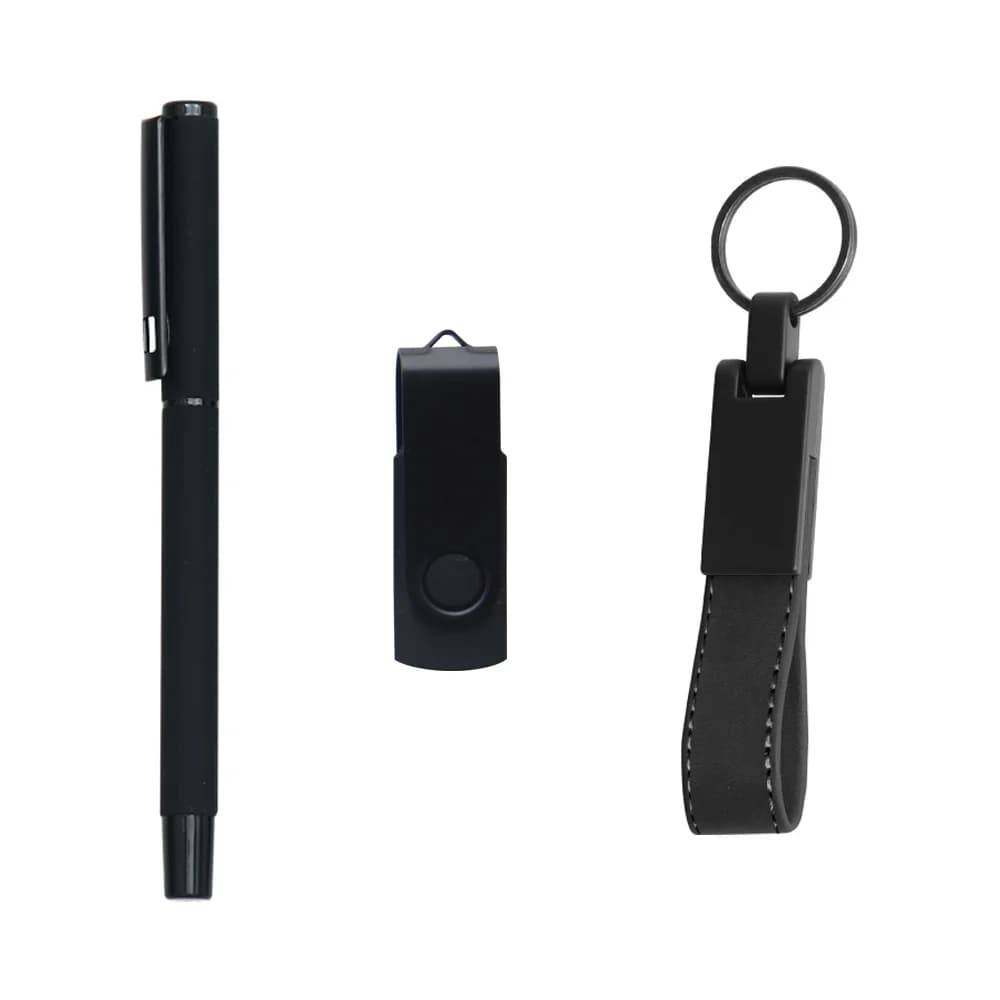 Kurumsal promosyon ofis seti, siyah; dikişli deri anahtarlık, USB bellek ve kalem, kutusuz