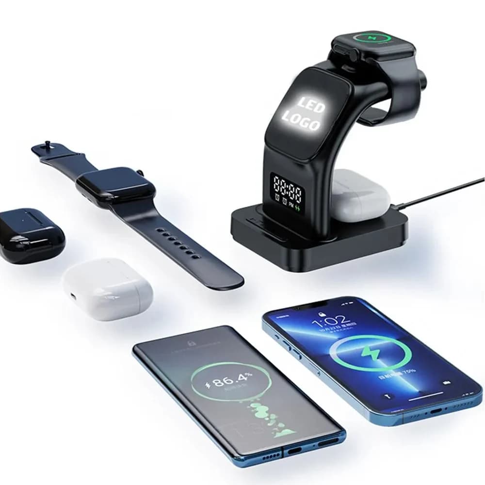 Siyah çok cihazlı şarj standı seti, telefon, saat ve kulaklık yuvaları ile düz şarj pedi