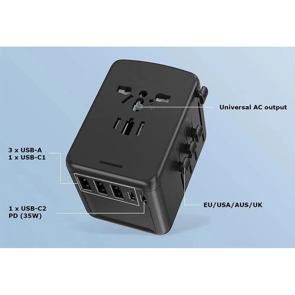 Siyah küp seyahat adaptörü, üniversal priz yuvası ve USB portları