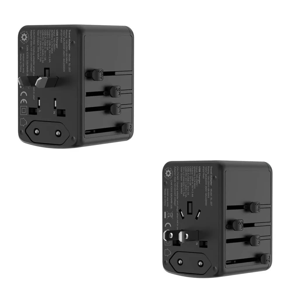 Siyah küp seyahat adaptörü, üniversal priz yuvası ve USB portları