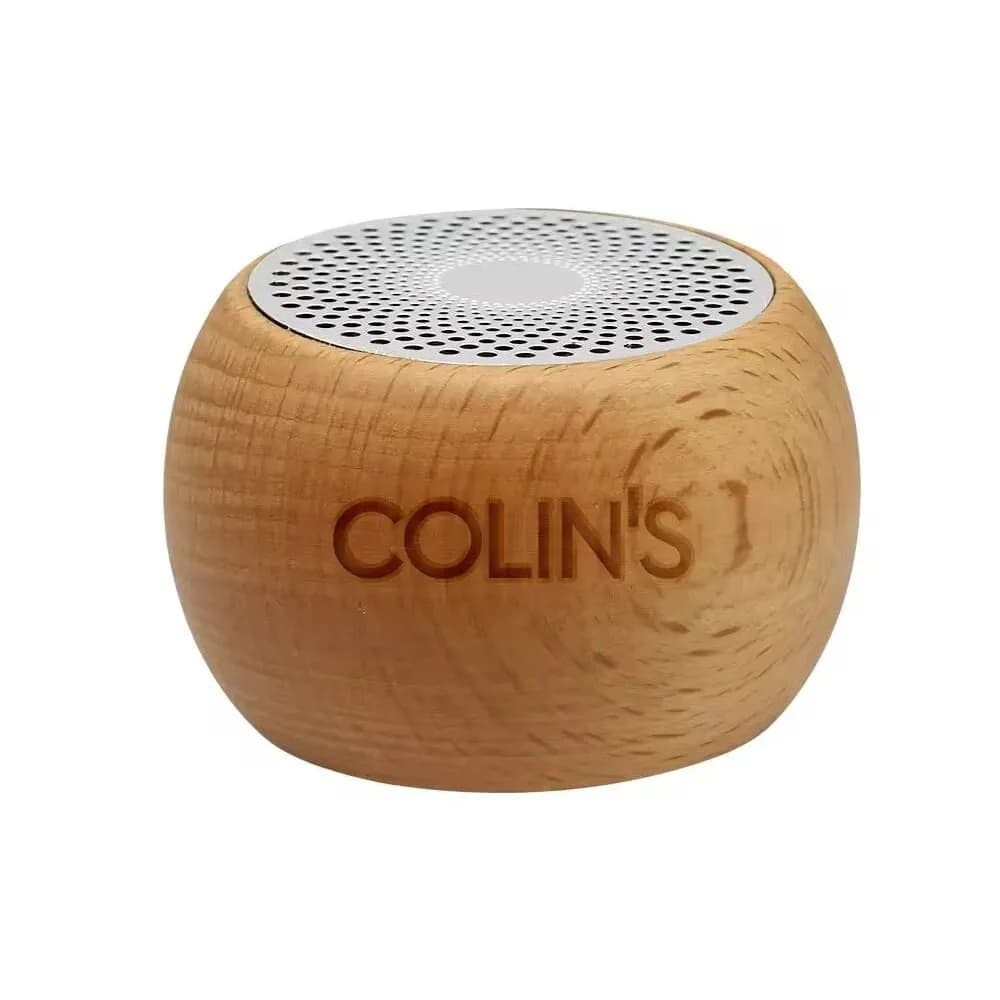 Açık ahşap küre hoparlör, ön yüzde COLIN'S baskısı