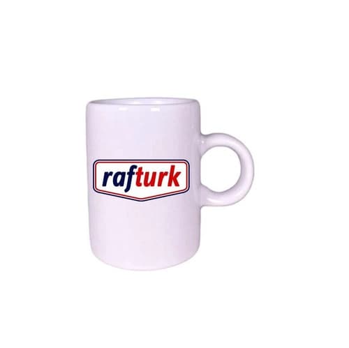 Beyaz promosyon porselen espresso kupası; kırmızı çerçeveli firma logosu baskılı