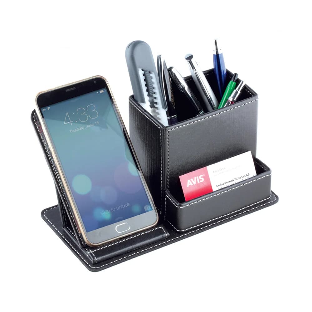 Promosyon siyah deri kalemlik-telefon standı, telefon yuvası ve kartlık