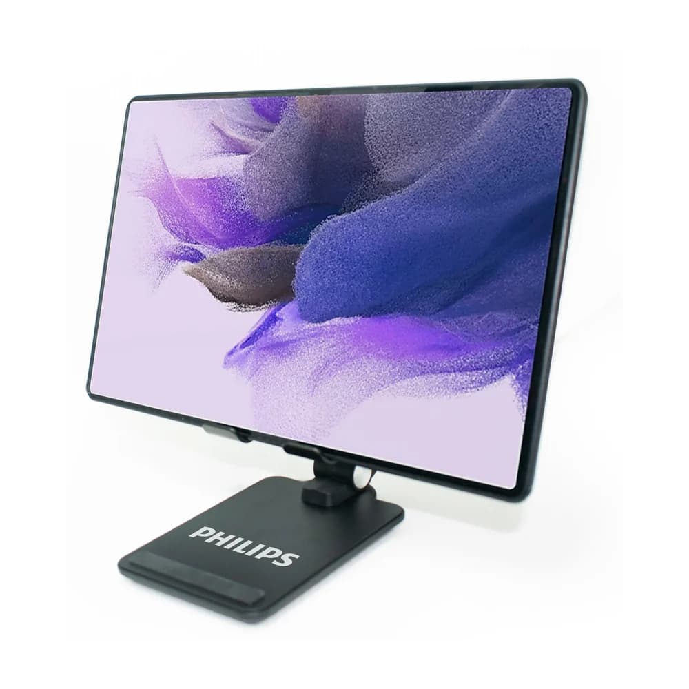 Siyah geniş tabanlı tablet standı, yatay ekranlı