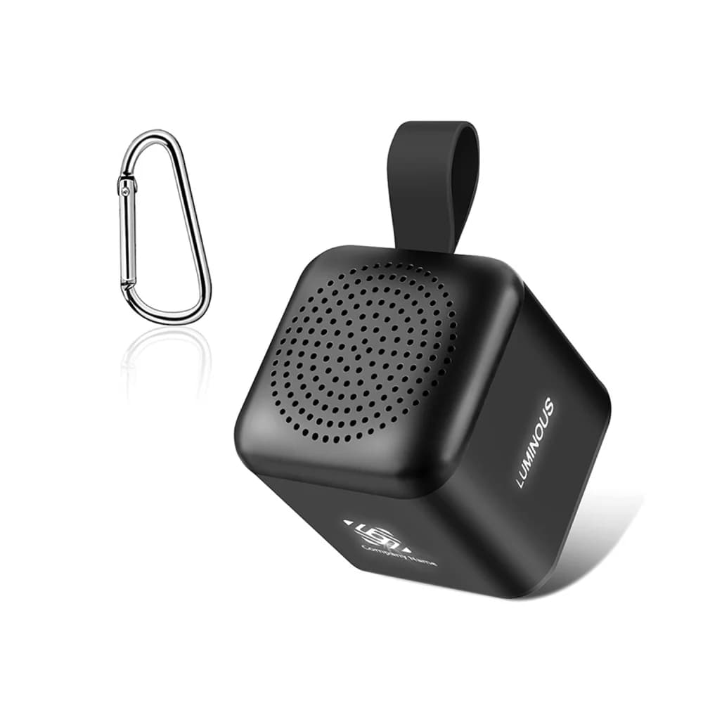 Siyah küp mini hoparlör, karabina ve ön ızgara, Lenovo yazısı
