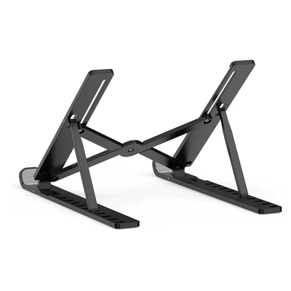 Siyah metal katlanır laptop standı, üçgen destekli ve kaymaz