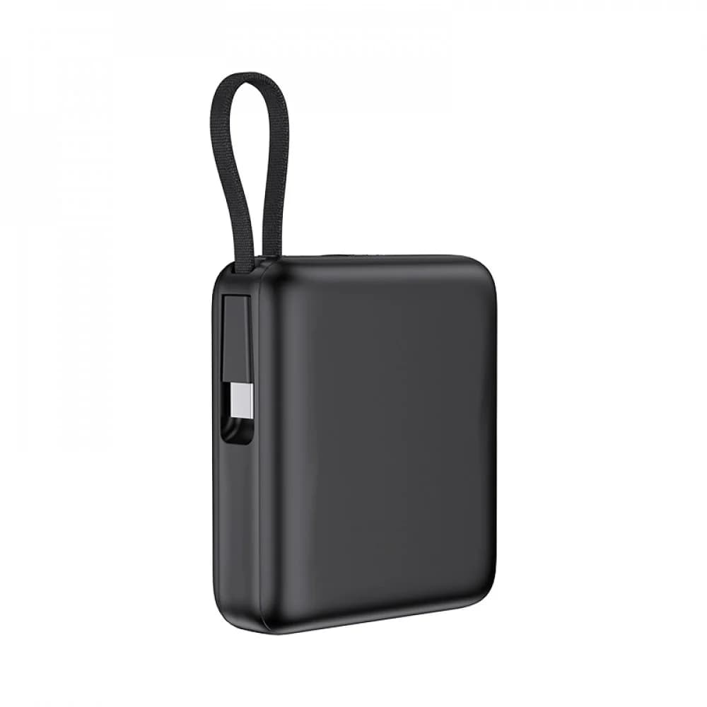 Mat siyah MagSafe powerbank yan profil, üstte askı halkası