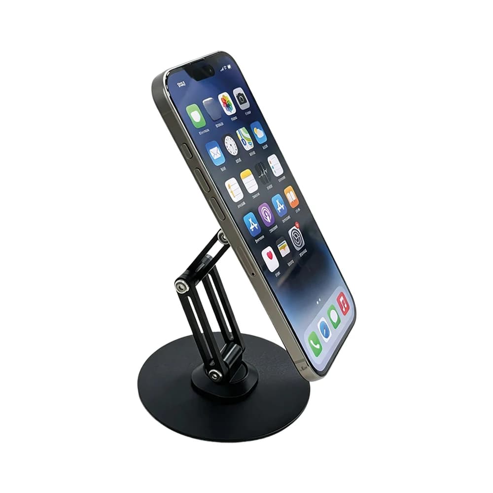 Siyah yuvarlak tabanlı manyetik stand, yatay telefon tutuyor