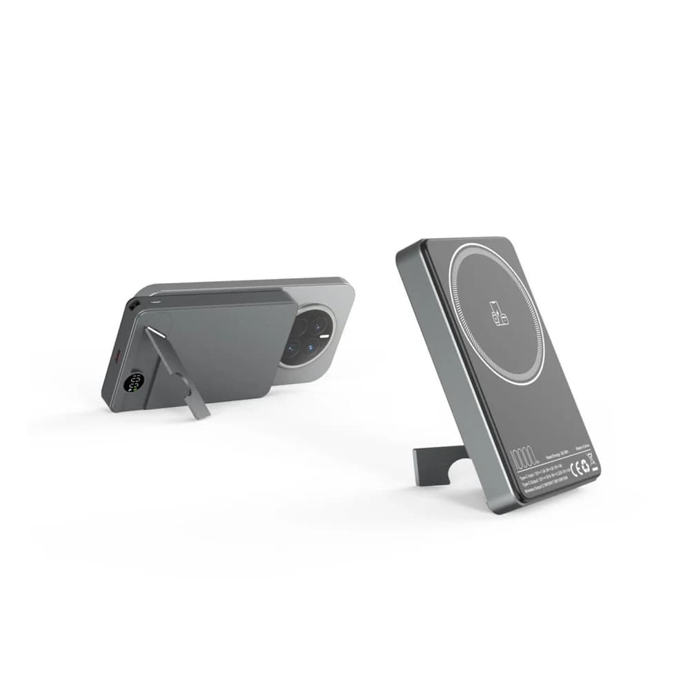Koyu gri metal powerbank iki duruşta katlanır ayak mekanizması