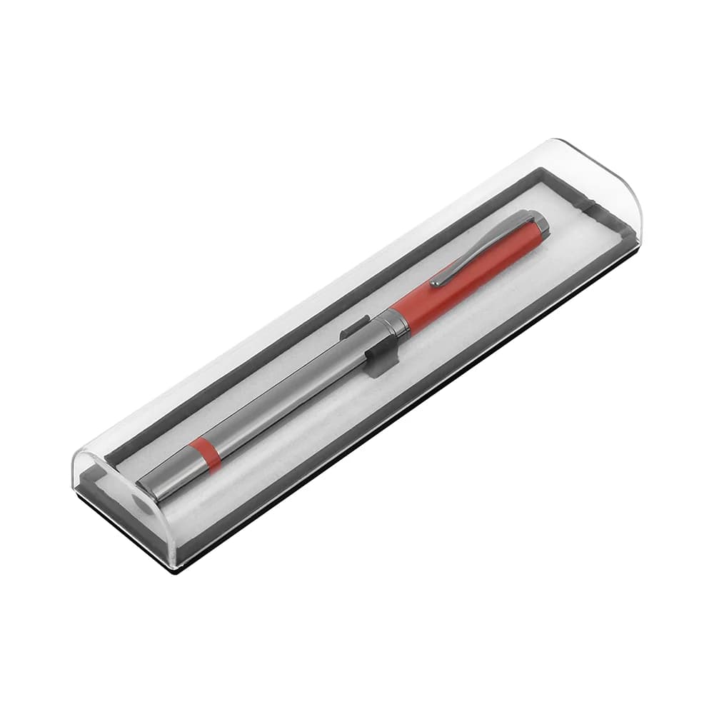 Gri metal roller kalem, şeffaf sert kılıf ve kırmızı detay
