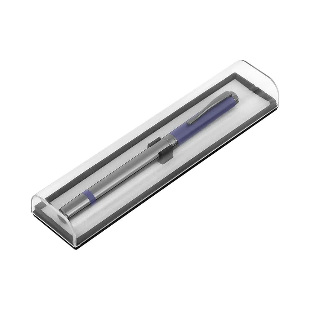 Gri metal roller kalem, şeffaf sert kılıf ve mavi detay