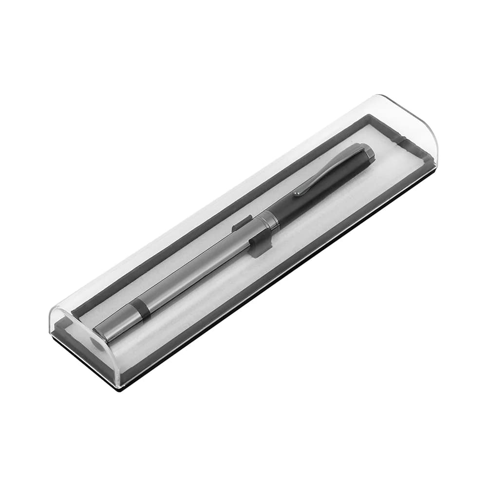Siyah metal roller kalem, şeffaf sert kılıf ve gümüş detay