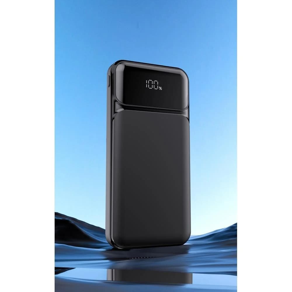 Promosyon powerbank 10000 mAh, kauçuk gövdeli, dijital göstergeli, dahili kablolu model