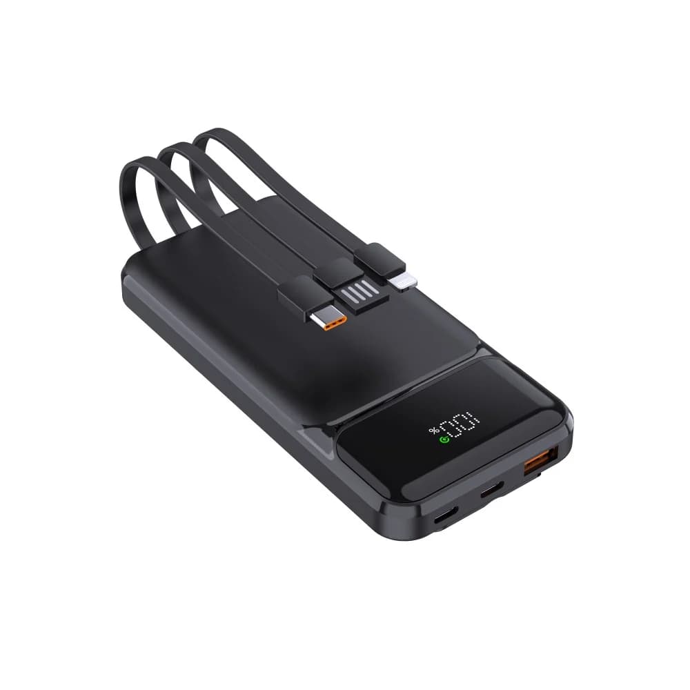 Promosyon powerbank 10000 mAh, kauçuk gövdeli, dijital göstergeli, dahili kablolu model