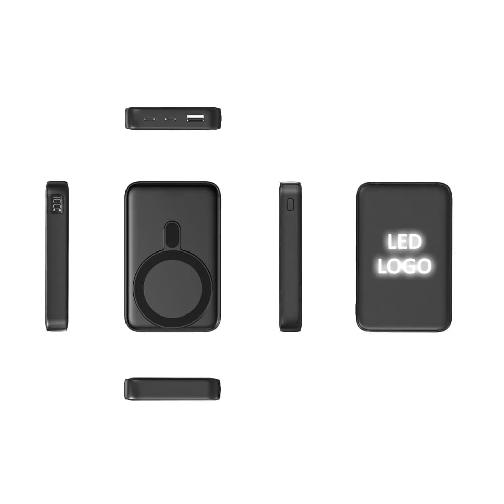 Promosyon powerbank 10000 mAh, ışıklı logo alanı ve arkada manyetik şarj halkası