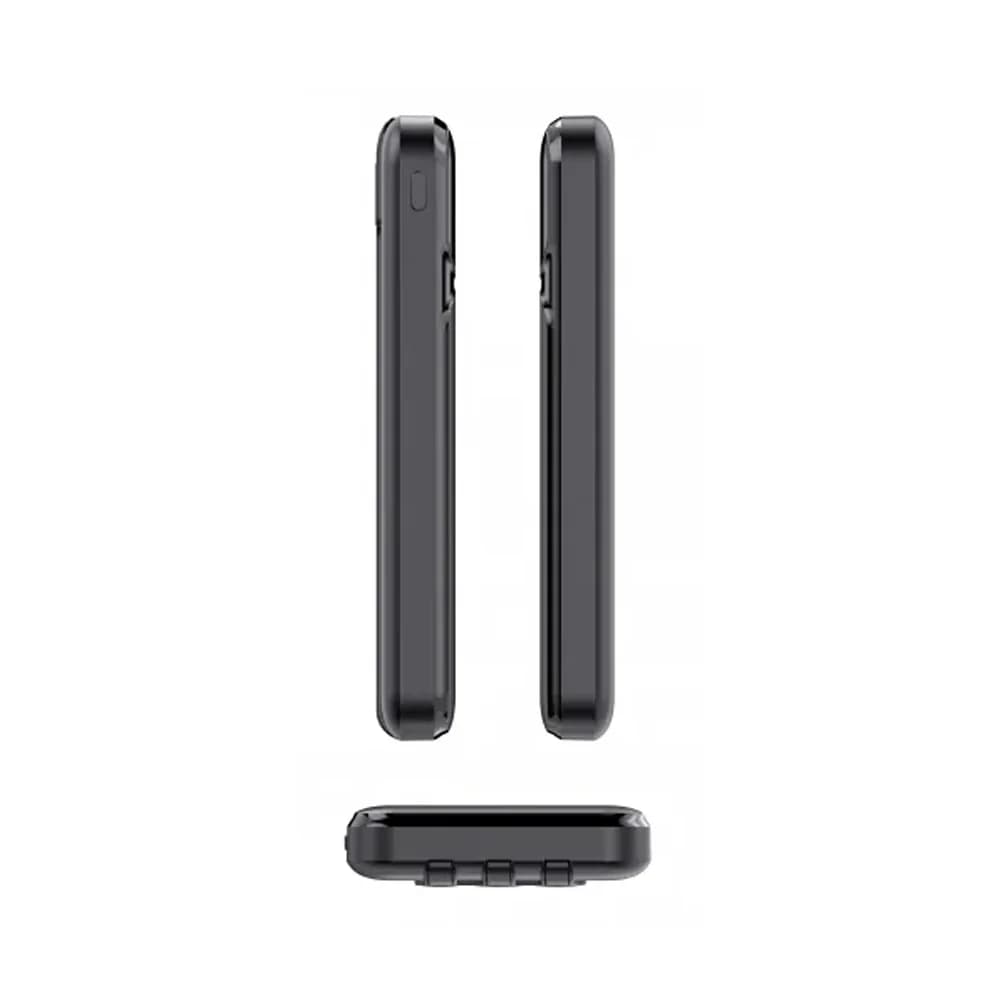 Siyah powerbank ince yan profil, portlar ve gövde kalınlığı