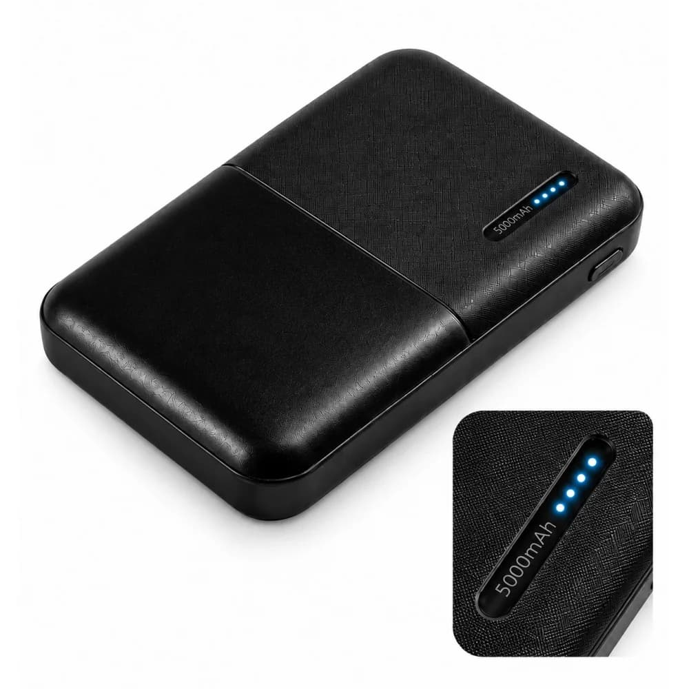Promosyon powerbank 5000 mAh, mat siyah plastik gövde, ön yüzde dört kademeli ışıklı gösterge