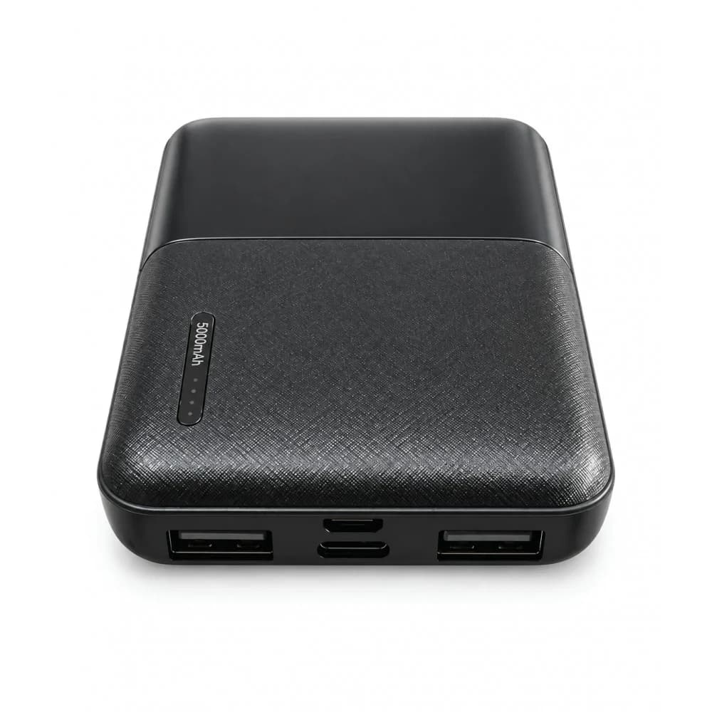 Promosyon powerbank 5000 mAh, mat siyah plastik gövde, ön yüzde dört kademeli ışıklı gösterge
