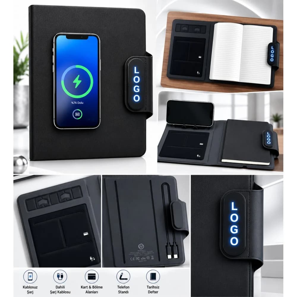 Promosyon powerbank organizer, suni deri kapak ve A5 not defteri, kapalı kutu
