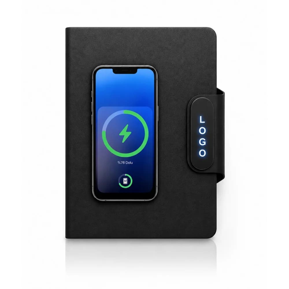 Promosyon powerbank organizer, suni deri kapak ve A5 not defteri, kapalı kutu
