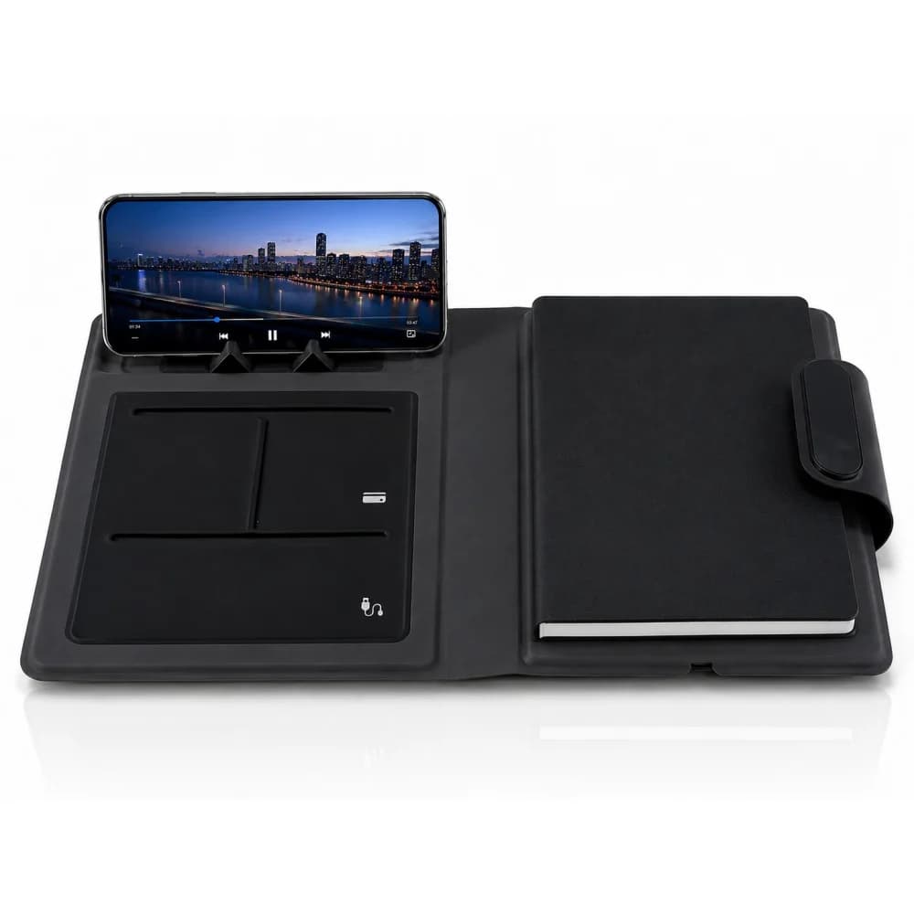 Promosyon powerbank organizer, suni deri kapak ve A5 not defteri, kapalı kutu