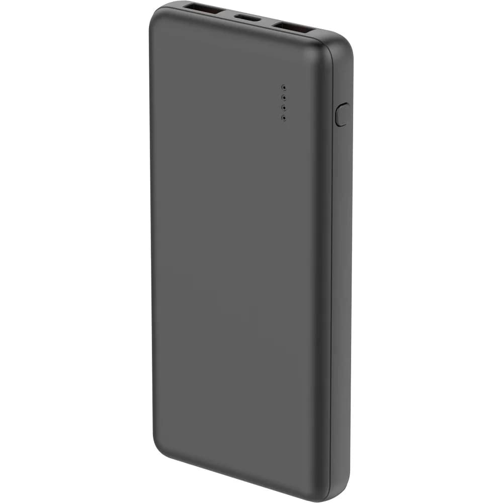 Koyu gri ince powerbank; üstte iki çıkış ve dört kademeli LED göstergesi.