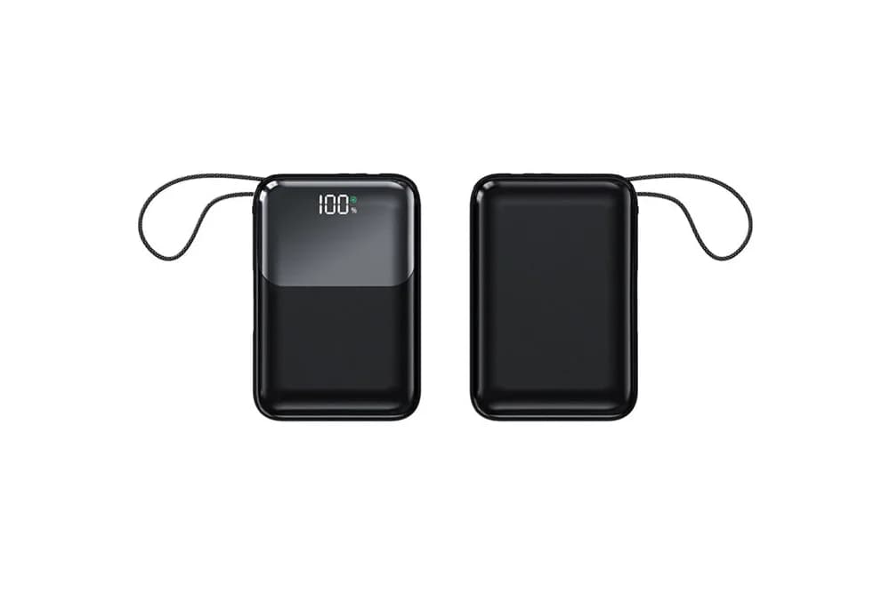 Siyah powerbank ön ve arka yüz; ekranlı, kablolu, logo baskısı yok.