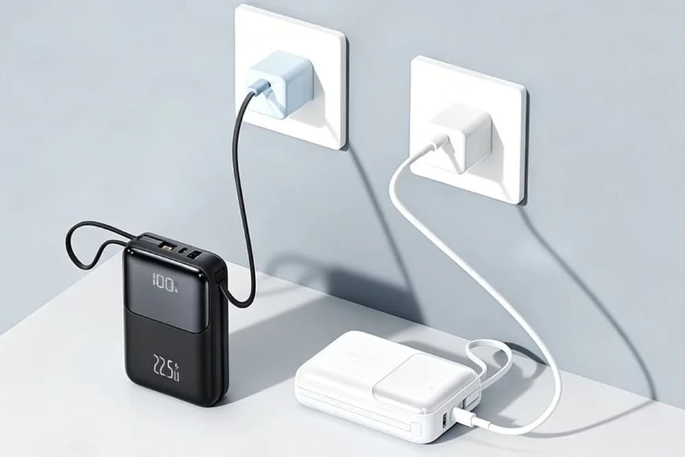 Duvardaki prize kabloyla bağlı siyah ve beyaz powerbank, masada duruyor.