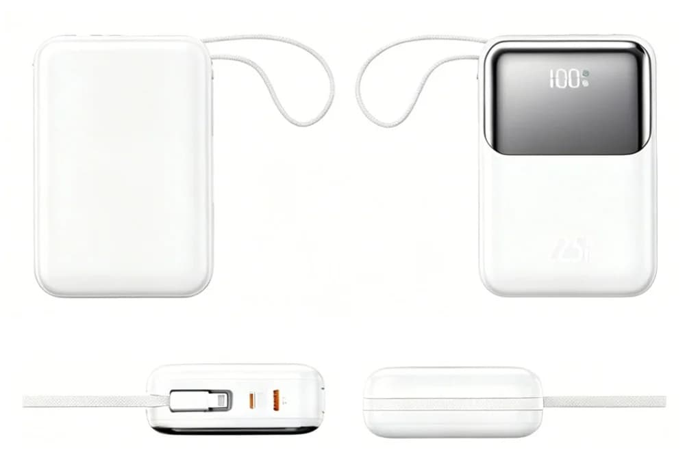 İki beyaz powerbank; biri arka yüz, diğeri ekranlı, altta kablo uçları.