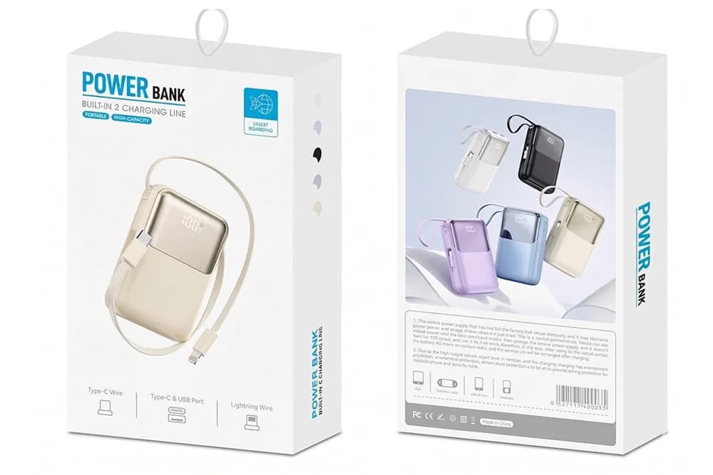 Ambalaj; ön ve arka kutu, kablolu powerbank görseli ve teknik metinler.