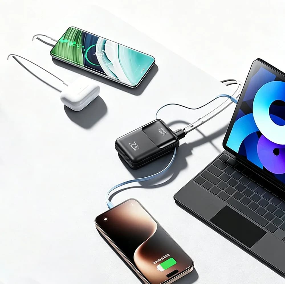 Dizüstü ve iki telefon şarjda; siyah powerbank kablolarla bağlı.