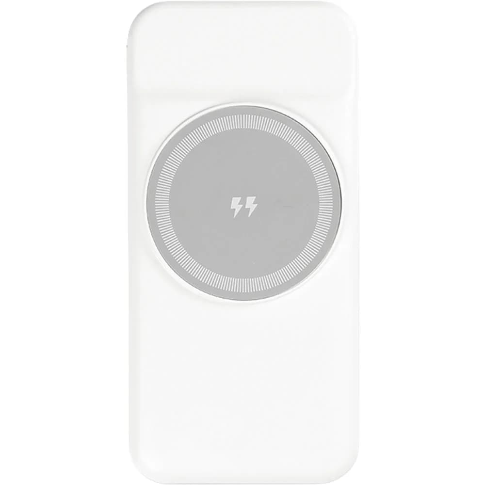 Beyaz manyetik kablosuz şarj halkalı, şimşek simgeli kompakt powerbank.