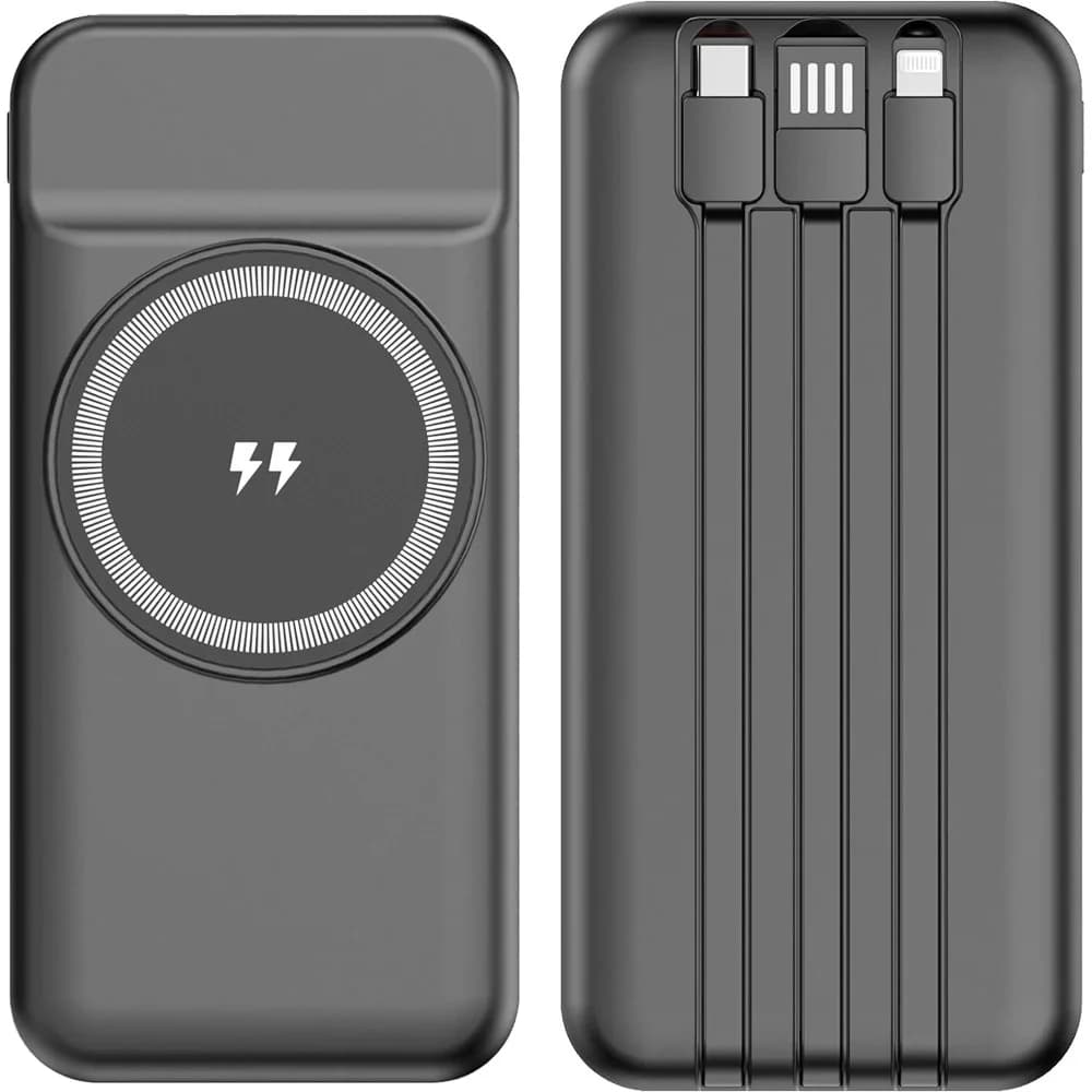 Koyu gri manyetik kablosuz şarj halkalı, şimşek simgeli dikdörtgen powerbank.