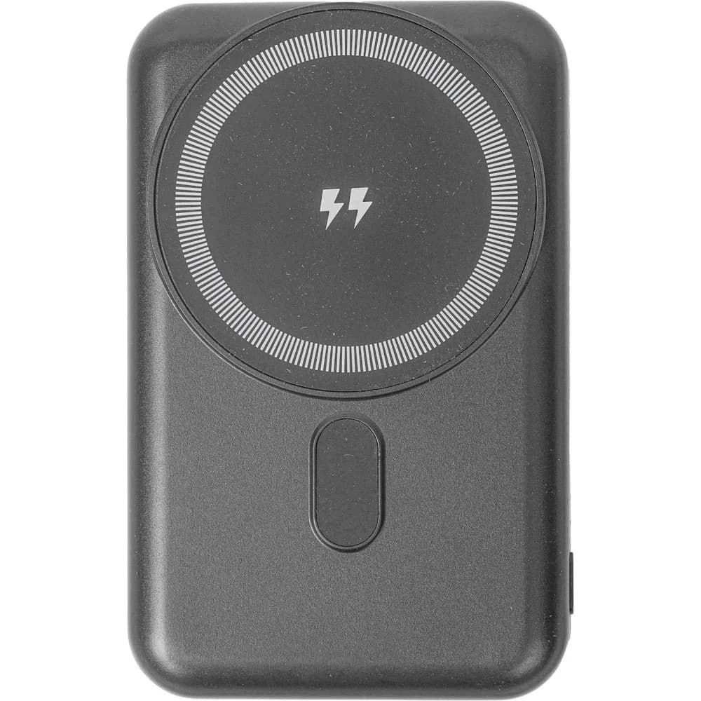 Koyu gri manyetik powerbank; ön yüzde halka, şimşek simgesi ve düğme.