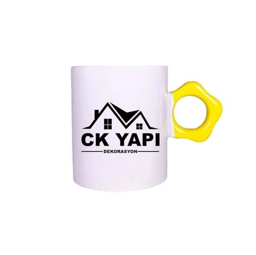 Sarı çiçek kulplu beyaz promosyon porselen kupa; örnek firma logosu baskılı ön görünüm