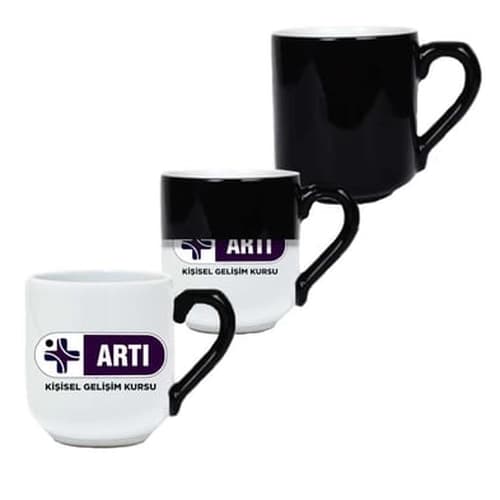 Üç adet oval sihirli promosyon kupa; beyaz siyah mor renk halleri, logo baskılı