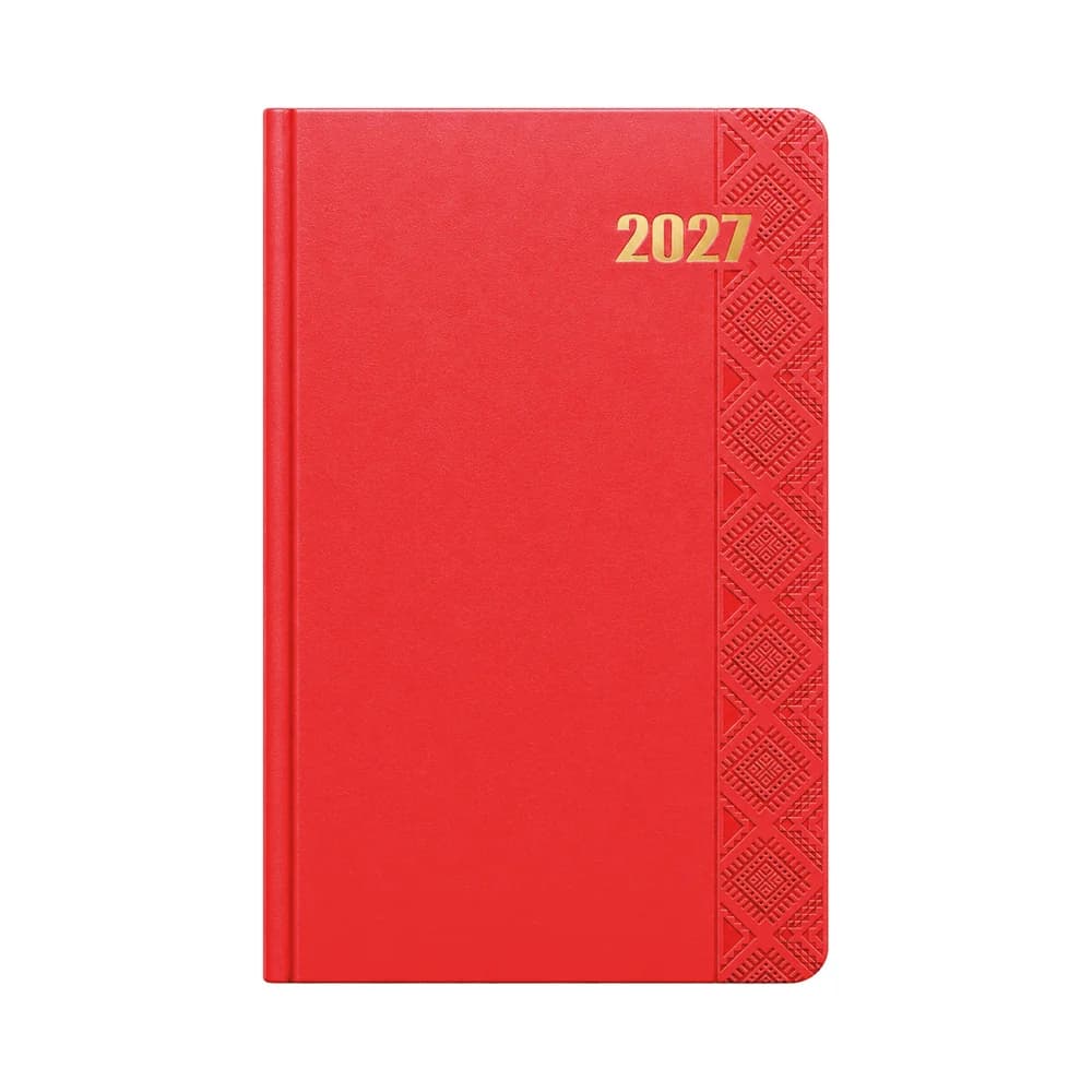 Kırmızı termo deri ajanda, altın 2027 yazısı, mat pürüzsüz kapak