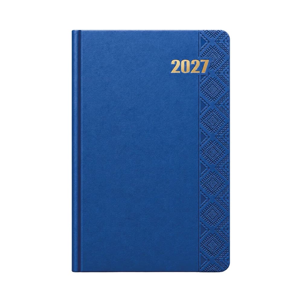 Mavi mat kapaklı termo deri ajanda, altın 2027 yazısı