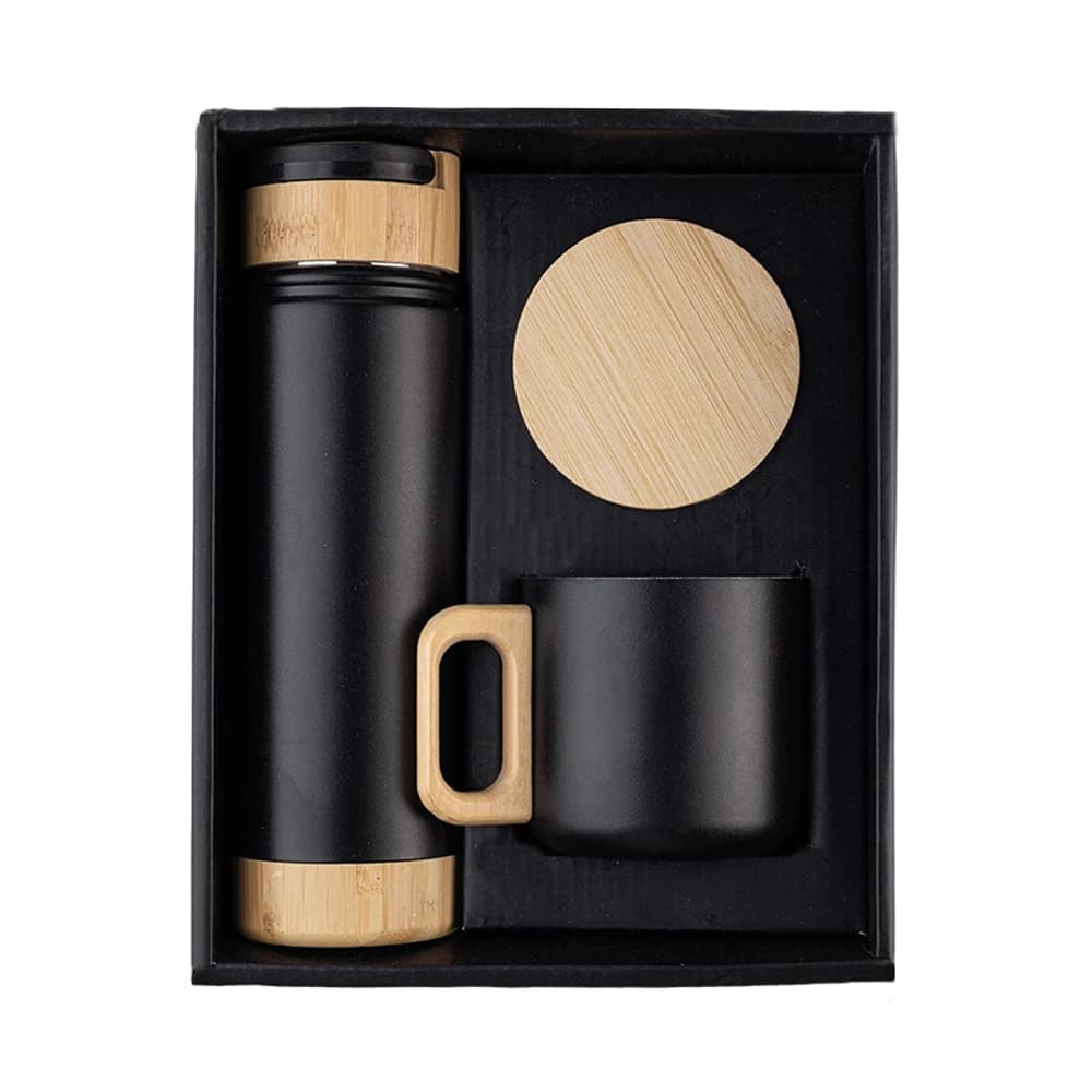 Promosyon siyah çelik termos seti, bambu kapak ve 350 ml bardak