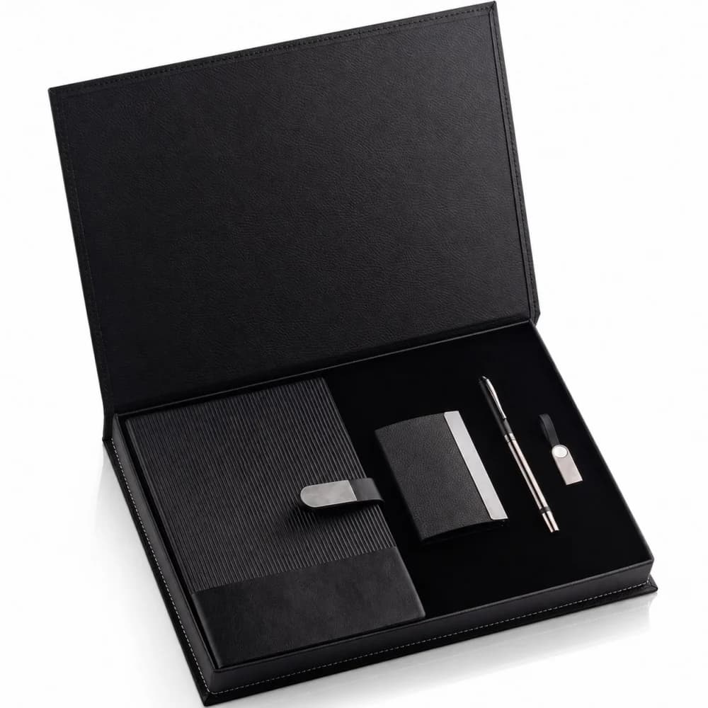 Promosyon üst segment hediye seti, defter ve kalem ve usb, siyah sunum kutusu