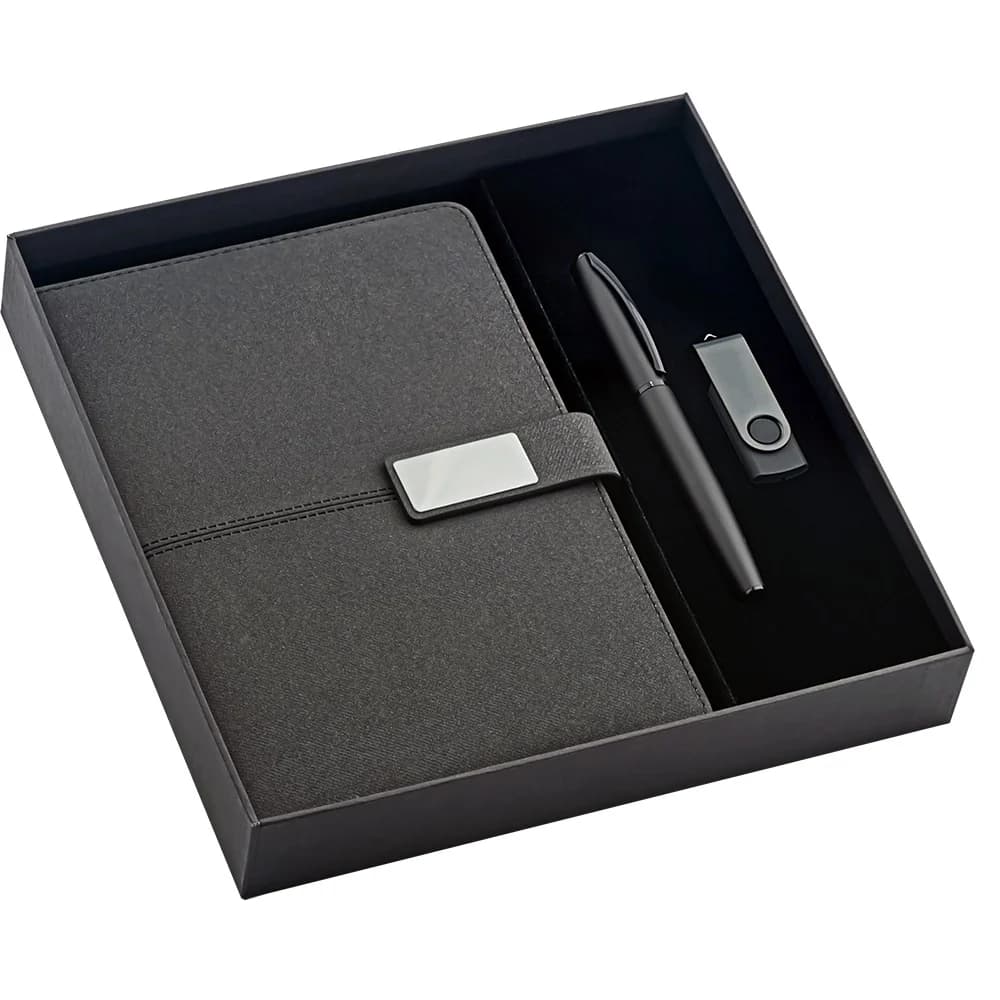 Promosyon üst segment hediye seti, defter ve kalem ve usb, siyah sunum kutusu