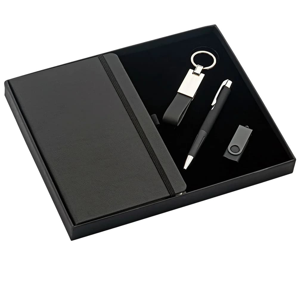 Promosyon üst segment hediye seti, defter ve kalem ve usb, siyah sunum kutusu
