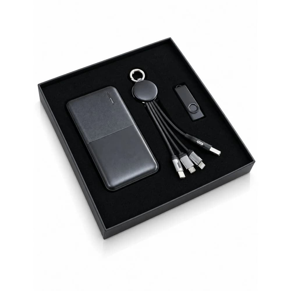 Promosyon üst segment hediye seti, usb ve şarj ve kablo, siyah sunum kutusu