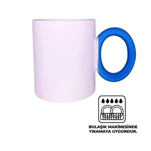 Mavi kulplu açık pembe promosyon porselen kupa yan görünüm, baskısız