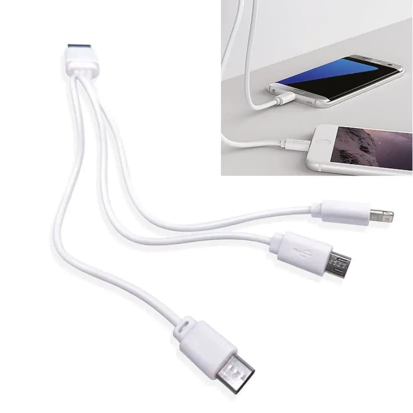 etkinliklerde kullanılabilen 3'lü USB şarj kablosu, farklı cihazlarla uyumlu bağlantı noktaları sunar