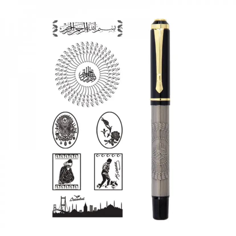Kabartma figürlü metal gövdeye sahip roller kalem, kurumsal hediye seçenekleri için ideal yazım aracı
